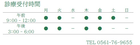 糖尿病・内分泌内科クリニックＴＯＳＡＫＩ名東　診療受付時間　水曜、土曜午後、日祝日は休診です